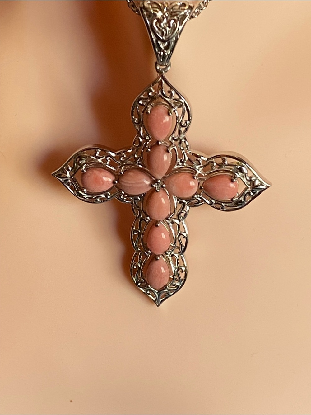Karis Oregon Peach Opal 2.80 ctw Cross Pendant in PL Bond, 20 inch necklace